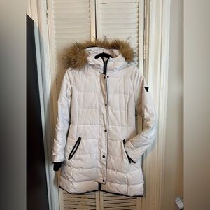 Guess Women's White Hooded Jacket with Faux Fur Trim